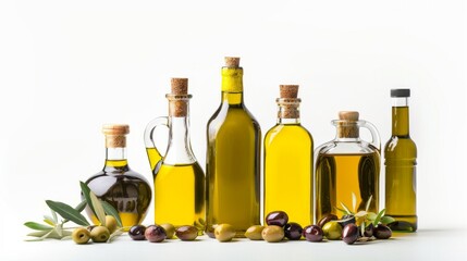 A row of olive oil bottles are lined up on a table
