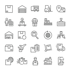 Delivery, distrubuting, warehouse, shipment thin line icons collection. Editable stroke. For website marketing design, logo, app, template, ui, etc. Vector illustration.