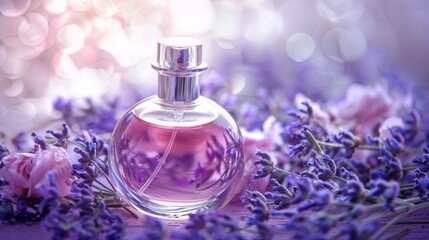A bottle of perfume is sitting on a table with purple flowers