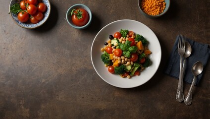 Empty plate with vegetarian food. Fresh ingredients for cooking vegan plate top view