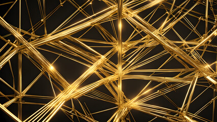 Fototapeta premium A complex 3D rendering depicting a network of lines and planes in luxurious gold, with intersecting paths and glowing accents representing the interconnectedness of wealth and success.