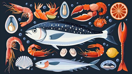 Seafood feast, variety of fish and shellfish, flat design illustration