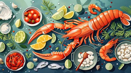 Obraz premium Seafood cooking, vibrant and fresh, flat design illustration