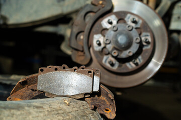 brake pads and brake disc expire of a car, close-up 