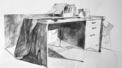 A drawing of a desk with a chair and a computer