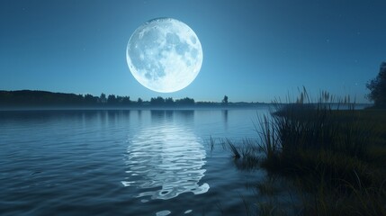 A full moon illuminating a serene lake, with reflections shimmering on the water's surface under a clear night sky.