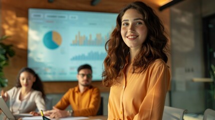 A woman in an orange shirt stands in front of a large screen with a group of peo
