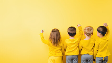 back view of happy 4 children in superhero outfit against a yellow background , childhood cancer day
