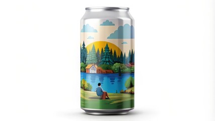 Fototapeta premium Aluminum Can with Illustration of a Man Sitting by a Lake in the Woods