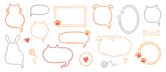 Fototapeta premium Cat dog pet frame, speech bubble cute set. Hand drawn sketch doodle line style animal pet frame design. Cat, dog paw cute talk speech bubble design. Puppy round footprint badge. Vector illustration.