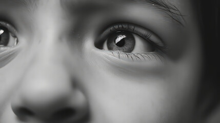 Black and white of close up Portrait of a little boy crying with tears rolling down his cheek