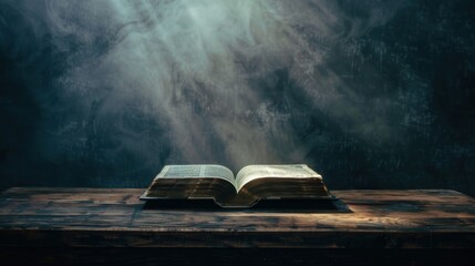 Open Book on a Wooden Table with a Smoky Background