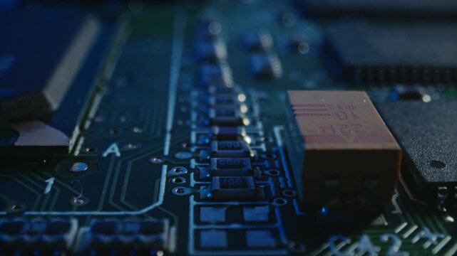 Circuit board close up dolly out view showing complex electronic components