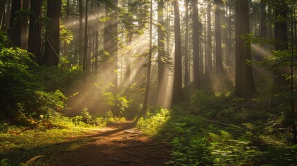 Obraz premium A forest with sunlight shining through the trees