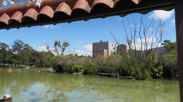Parque de los Novios Lake and Landscape, Bogota, Colombia. Walking Under Tree and Lake Gate