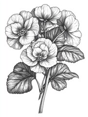 Black and white Vintage engraved art of a begonia bouquet, isolated on white background, ink sketch illustration, simple vector art design, highly detailed line art, high contrasty 