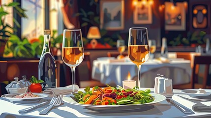 Gourmet dinner, elegant restaurant setting, flat design illustration