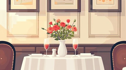 Gourmet dinner, elegant restaurant setting, flat design illustration
