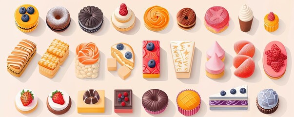 Fototapeta na wymiar French patisserie, variety of sweets, flat design illustration