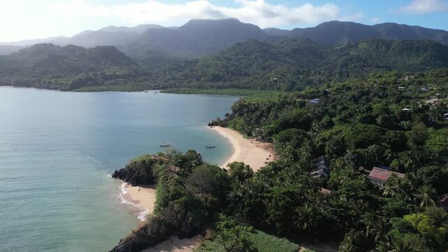Aerial scenic seascape in India sea ocean water Moh&eacute;li or Mwali, part of the Union of the Comoros at sunset