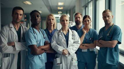 Fototapeta premium A group of doctors stand together in a hospital hallway