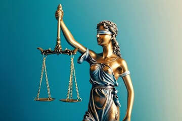 Hyper-Realistic 3D Illustration of Lady Justice Statue Holding Scales of Justice on Blue Background. Cinematic Lighting and Soft Shadows with Clean Focus and Film Grain Effect.