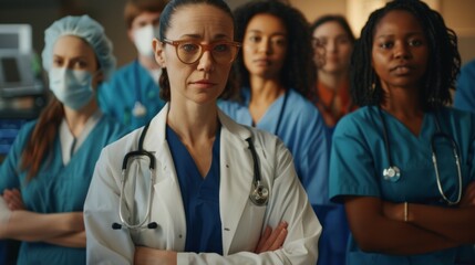 Fototapeta premium A group of doctors stand together in a line