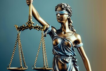 Hyper-Realistic 3D Illustration of Lady Justice Statue Holding Scales of Justice on Blue Background. Cinematic Lighting and Soft Shadows with Clean Focus and Film Grain Effect.