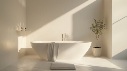 Fototapeta premium A white bathtub with a towel draped over it and a potted plant in front of it