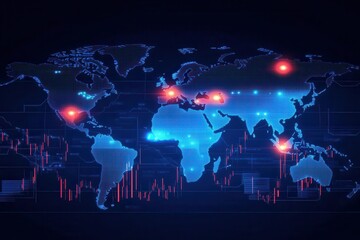 A world map with hotspots highlighting geopolitical events, with an overlay of fluctuating market graphs