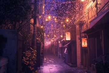Fototapeta premium An alley with strings of lights above. Warm light glowing softly, cozy vibe, Generative AI