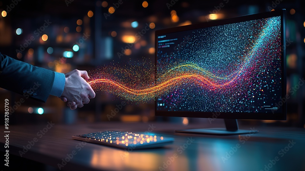 Poster hand extending from digital screen with colorful data flow