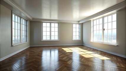Obraz premium Empty Room with Hardwood Floor and Sunlight Streaming Through Windows.