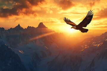 Majestic Bald Eagle Soaring Over Snowy Mountain Peaks at Sunset.