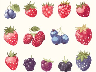 Set of various berries simple illustration. AI generated
