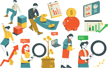 a collection of finance Tech with people and a pile of money.
