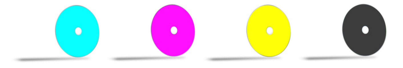 Four CMYK CD or DVD blank template red, green and blue for presentation layouts and design. 3D rendering.