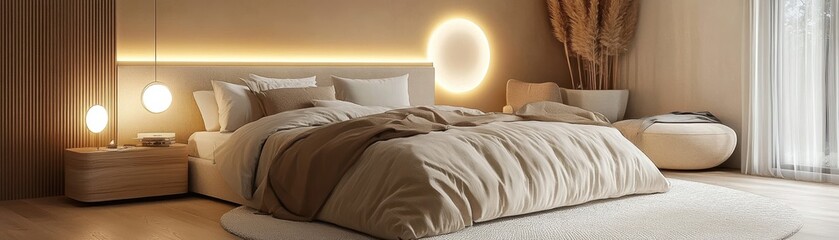 Stylish bedroom featuring a cozy bed, warm tones, elegant decor, and soft lighting for a serene atmosphere.