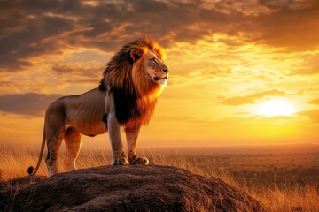 Majestic Lion Standing on a Rock at Sunset in the African Savanna.