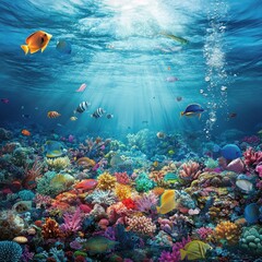 Fototapeta premium Vibrant Underwater Coral Reef Scene with Colorful Fish and Sunbeams