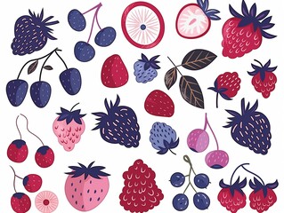 Set of various berries simple illustration. AI generated