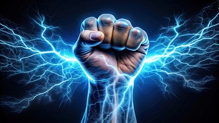 Powerful electrically charged fist symbolizing strength and energy, Power, Electric, Energy, Powerhouse, Dynamic, Electricity