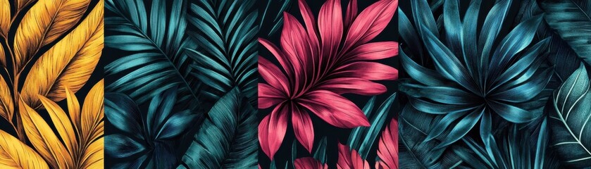 Vibrant tropical leaves in a rich, colorful design, perfect for backgrounds, patterns, and nature-themed projects.