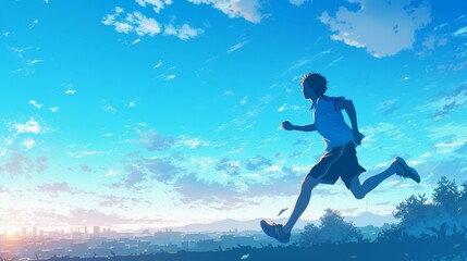 公園で走っている男性ランナーのシルエット、青空2