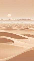 A vast expanse of undulating sand dunes stretches beneath a hazy sky and a distant hazy sun