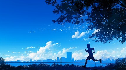 Fototapeta premium 公園で走っている男性ランナーのシルエット、青空14