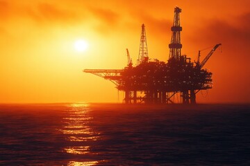 Obraz premium Offshore oil rig at sunset over ocean