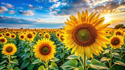 Obraz premium Vibrant close-up shot of blooming sunflowers in a field, sunflowers, blooming, vibrant, close-up, field, nature, yellow, petals