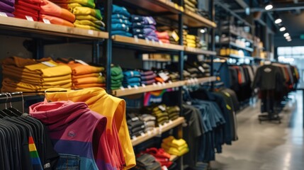 A modern clothing store with colorful clothes on shelves and racks