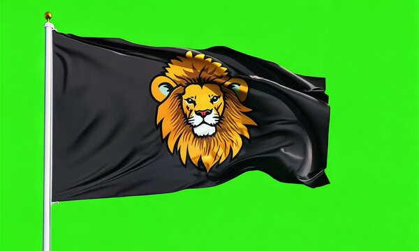 Majestic lion face on a black flag waving against a vibrant green chroma background, symbolizing power and royalty